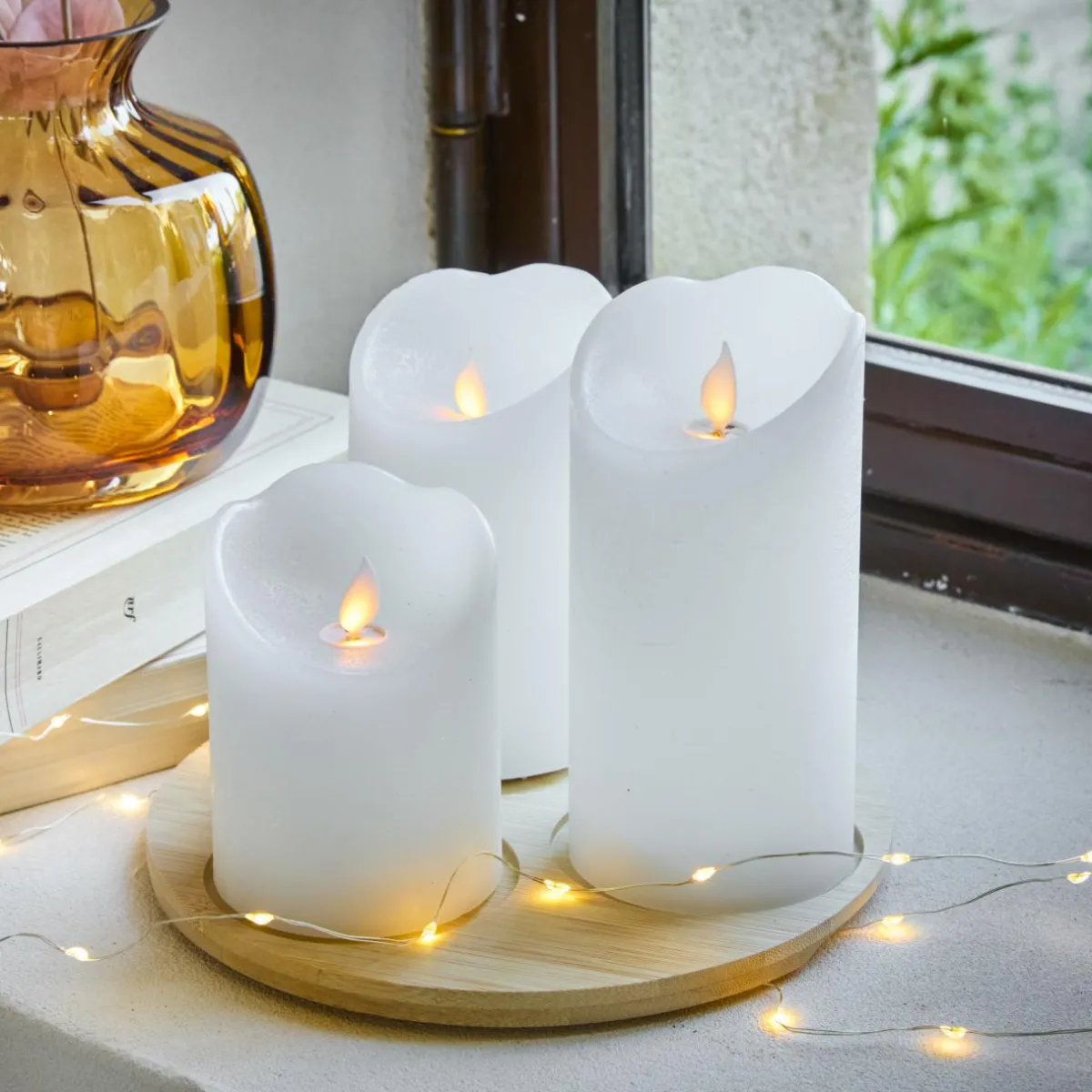 KAEMINGK Lot de 3 bougies LED vacillantes (D7,5 cm) Cire naturelle Blanc
