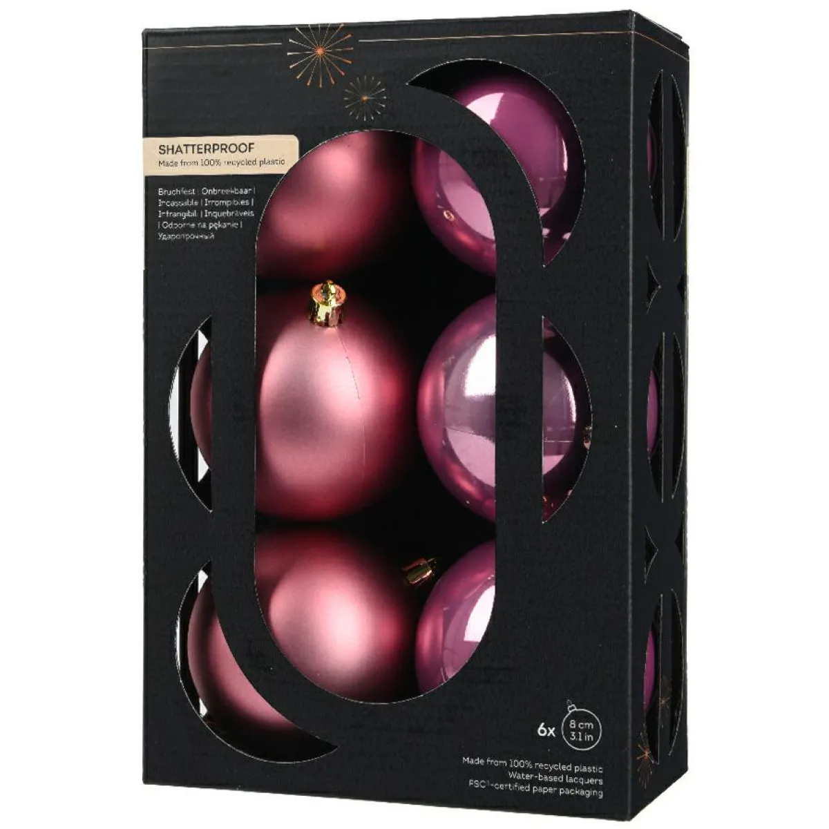 KAEMINGK Lot de 6 boules de Noël (D80 mm) Aravis Vieux rose Hot