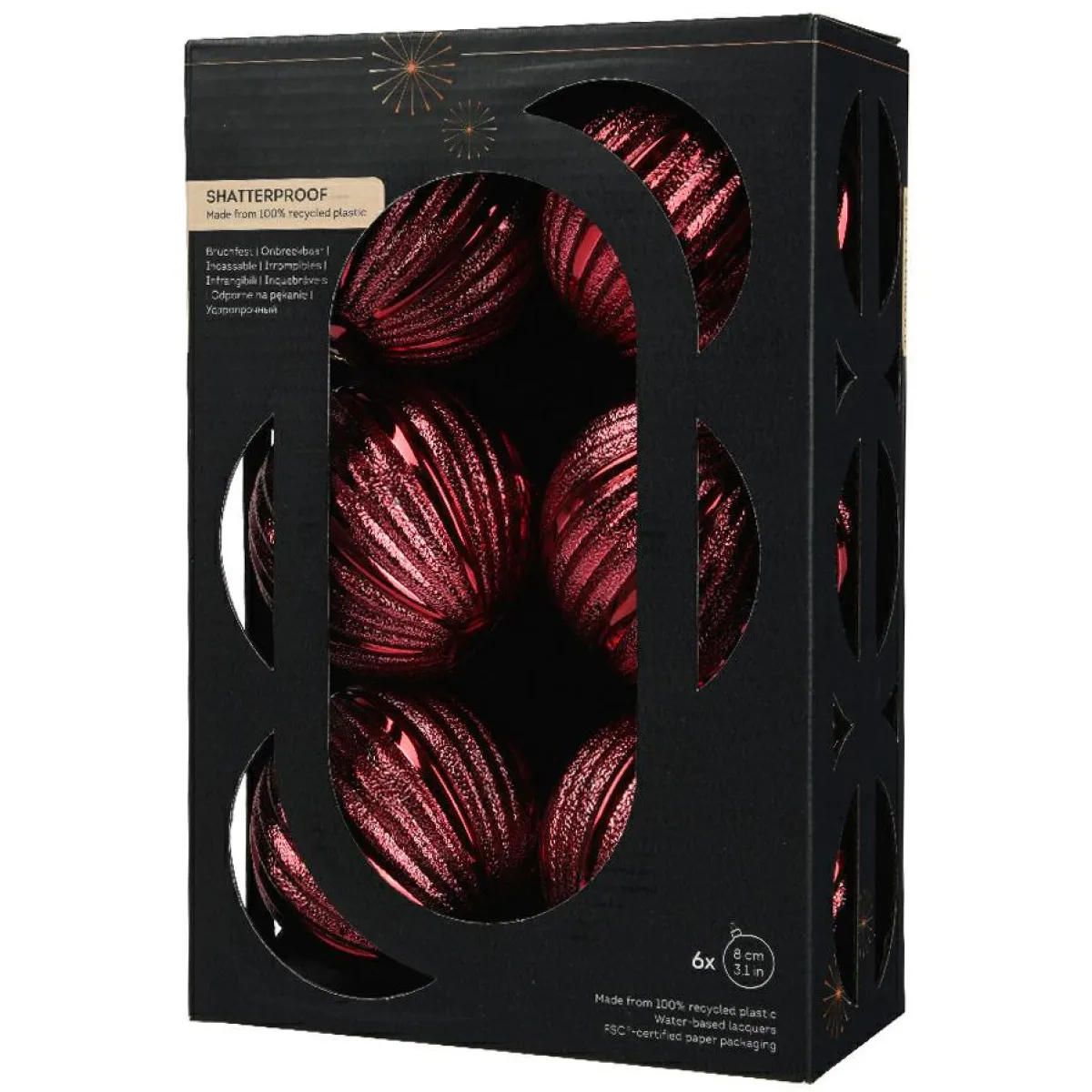 KAEMINGK Lot de 6 Boules de Noël (D80 mm) Glitter Bordeaux Discount