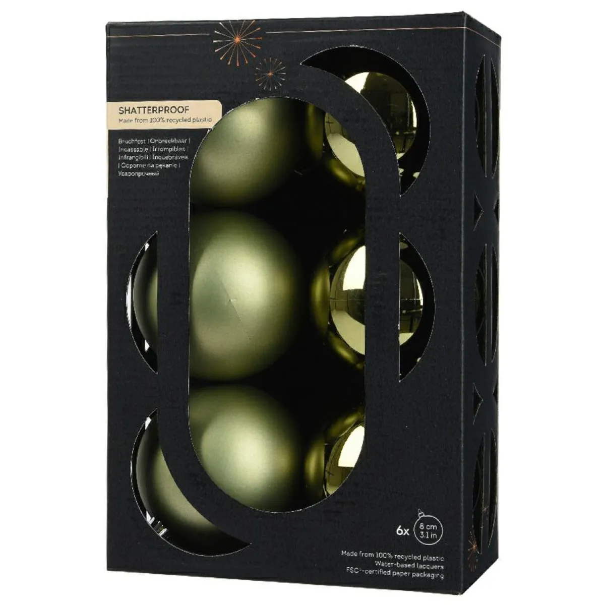 KAEMINGK Lot de 6 boules de Noël (D80 mm) Aravis Vert romarin Hot