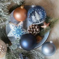 KAEMINGK Lot de 6 boules de Noël (D80 mm) en verre Forêt de sapins Bleu Discount
