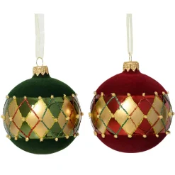 KAEMINGK Lot de 6 boules de Noël en verre (D80 mm) Carreaux de velours Bordeaux et vert sapin Rouge Discount