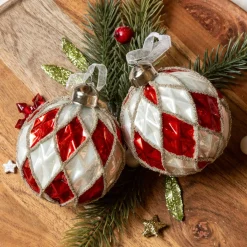 KAEMINGK Lot de 12 boules de Noël en verre (D80 mm) Damiers et blanc Rouge Sale