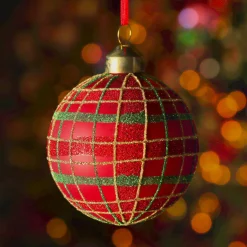 KAEMINGK Lot de 3 boules de Noël en verre (D80 mm) Carreaux paillettés Rouge Hot