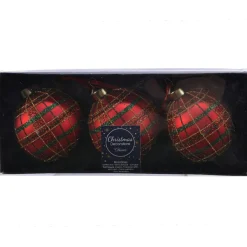 KAEMINGK Lot de 3 boules de Noël en verre (D80 mm) Carreaux paillettés Rouge Hot