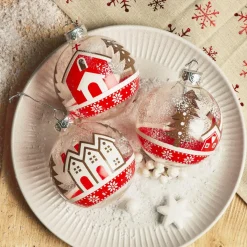 KAEMINGK Lot de 12 boules de Noël en verre (D80 mm) Villages enneigés et blanc Rouge Discount
