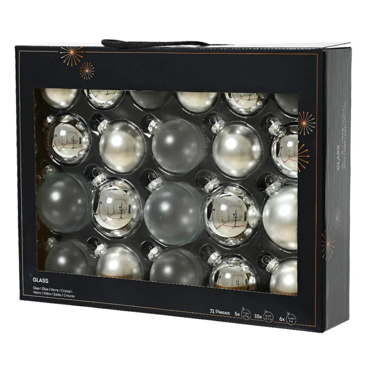 KAEMINGK Lot de 21 boules de Noël en verre (D60 à 75 mm) Assorties Cristal Argent New