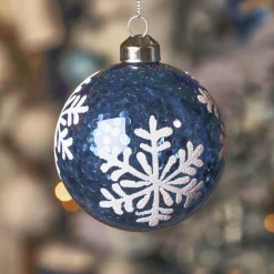 KAEMINGK Lot de 3 boules de Noël en verre (D80 mm) Flocons et sequins Bleu nuit Outlet