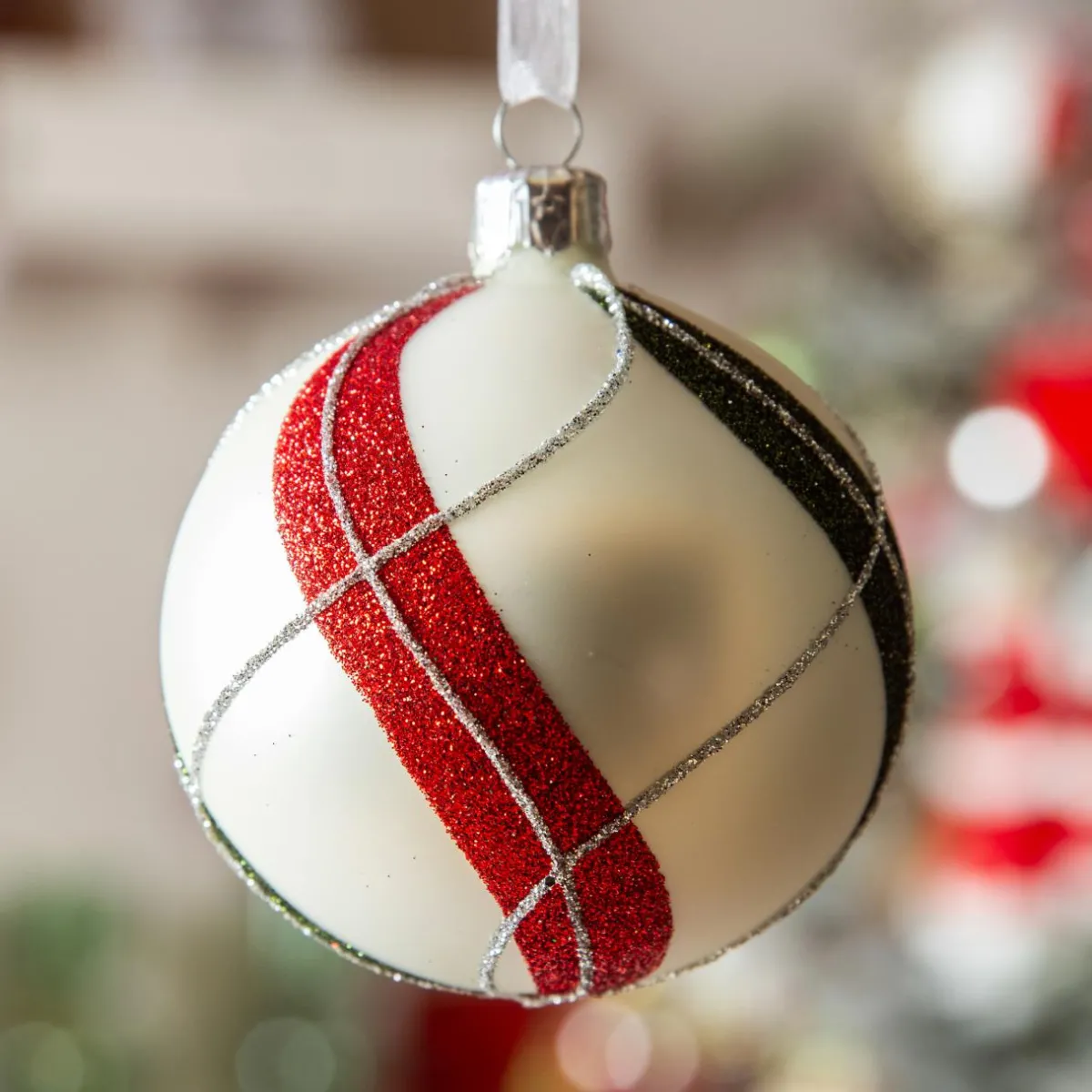 KAEMINGK Lot de 6 boules de Noël en verre (D80 mm) Torsades Carreaux d'hiver Blanc New