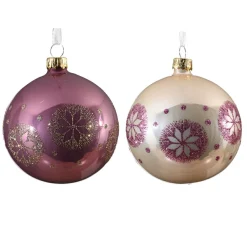 KAEMINGK Lot de 6 boules de Noël en verre (D80 mm) Médaillon de neige et perle Rose New