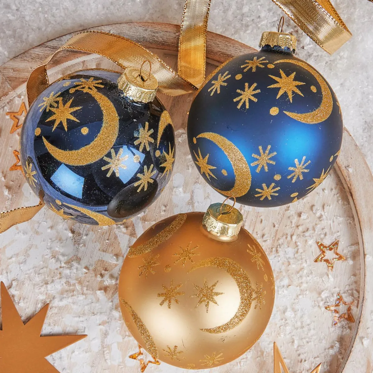 KOOPMAN Lot de 12 boules de Noël en verre (D80 mm) Moon nuit et doré Bleu Discount