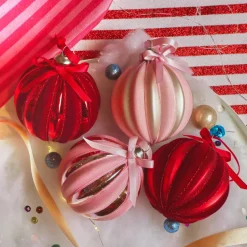 KAEMINGK Lot de 12 boules de Noël en verre (D80 mm) Velours et noeud et rose Rouge Best