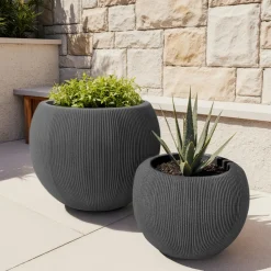EMINZA Lot de 2 cache-pots d'extérieur ronds (H41-30 cm) Lennox strié Gris Anthracite Clearance