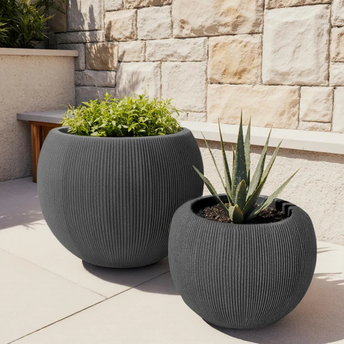EMINZA Lot de 2 cache-pots d'extérieur ronds (H41-30 cm) Lennox strié Gris Anthracite Clearance