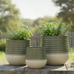 EMINZA Lot de 3 cache-pots d'extérieur ronds (H49-37-27 cm) Jamie Gris et Beige Outlet