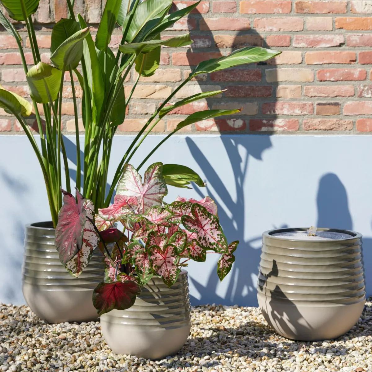 EMINZA Lot de 3 cache-pots d'extérieur ronds (H49-37-27 cm) Jamie Gris et Beige Outlet