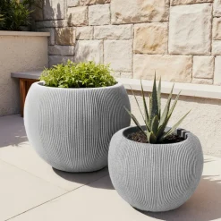 EMINZA Lot de 2 cache-pots d'extérieur ronds (H41-30 cm) Lennox strié Gris clair Best