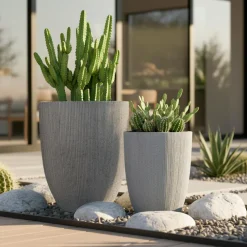 EMINZA Lot de 2 cache-pots d'extérieur (H57-48 cm) Lennox strié Gris clair Clearance