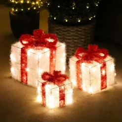 EMINZA Lot de 3 cadeaux lumineux à piles 65 LED (H30 cm) Ruban Rouge et Blanc chaud Outlet