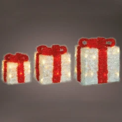 EMINZA Lot de 3 cadeaux lumineux à piles 65 LED (H30 cm) Ruban Rouge et Blanc chaud Outlet
