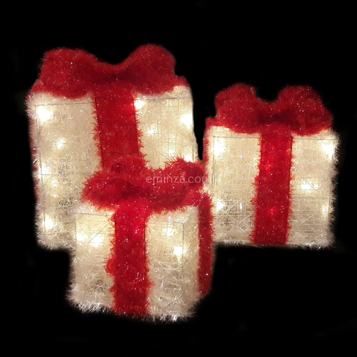 EMINZA Lot de 3 cadeaux lumineux à piles 65 LED (H30 cm) Ruban Rouge et Blanc chaud Outlet
