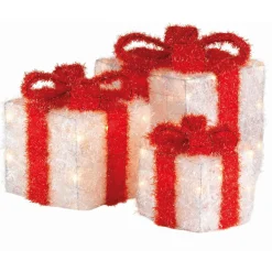EMINZA Lot de 3 cadeaux lumineux à piles 65 LED (H30 cm) Ruban Rouge et Blanc chaud Outlet