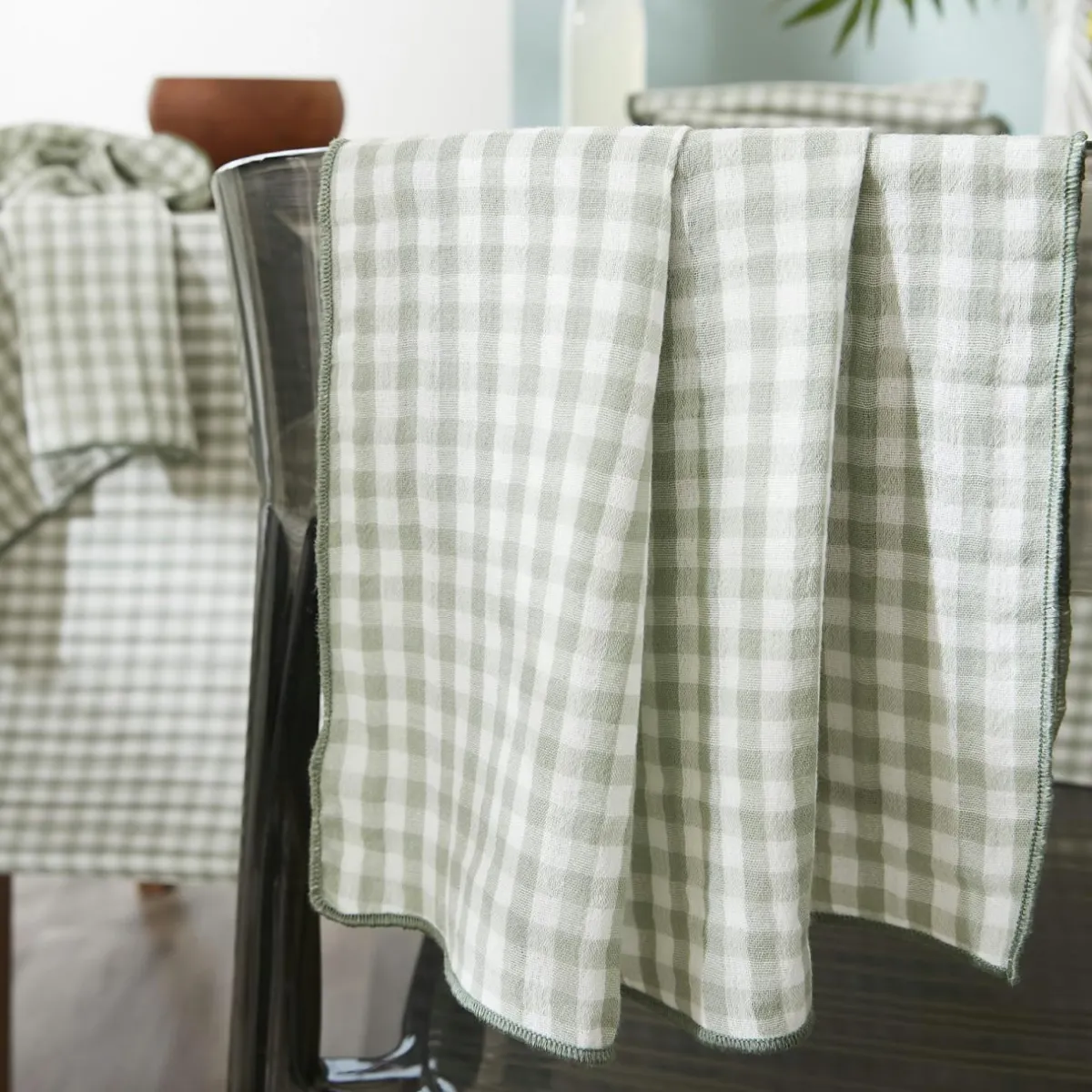 EMINZA Lot de 2 essuie-main gaze de coton (50 x 70 cm) Gaïa vichy Vert Eucalyptus Sale