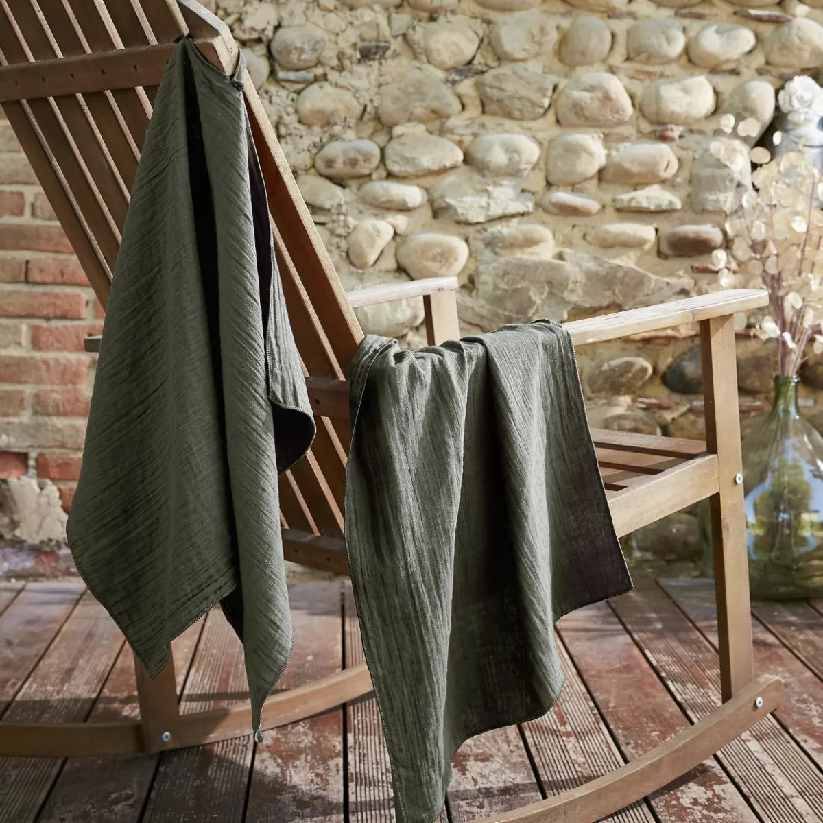EMINZA Lot de 2 essuie-mains gaze de coton (70 cm) Gaïa Vert romarin Hot