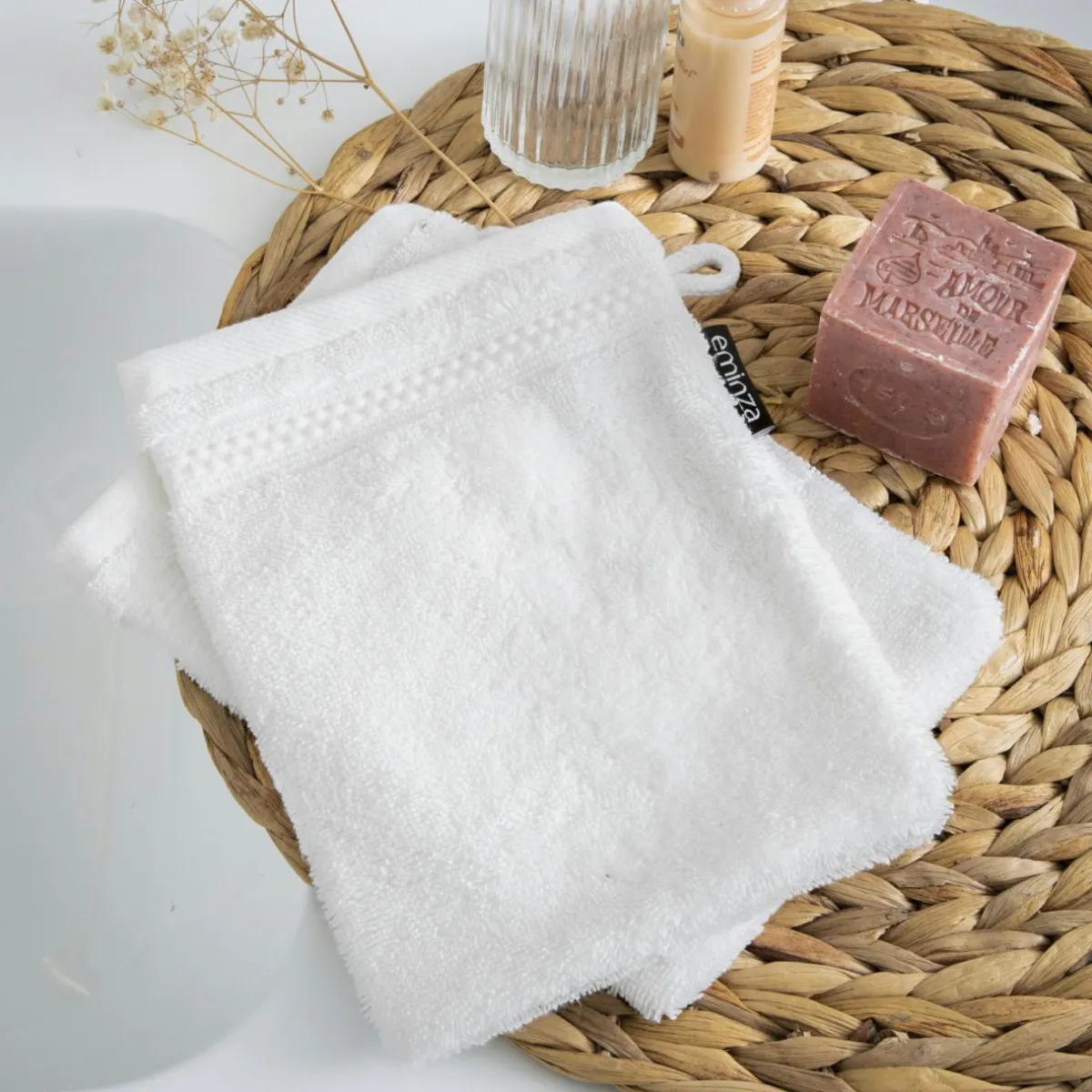 EMINZA Lot de 2 gants de toilette coton bio (15 x 21 cm) Méline chantilly Blanc Outlet