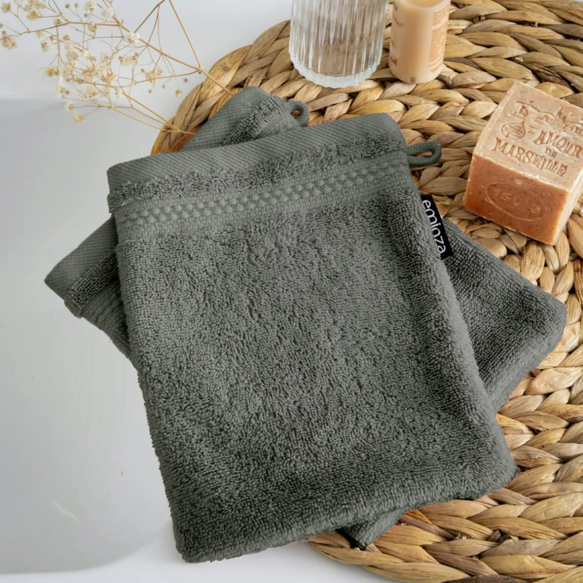 EMINZA Lot de 2 gants de toilette coton bio (15 x 21 cm) Méline Vert romarin Sale