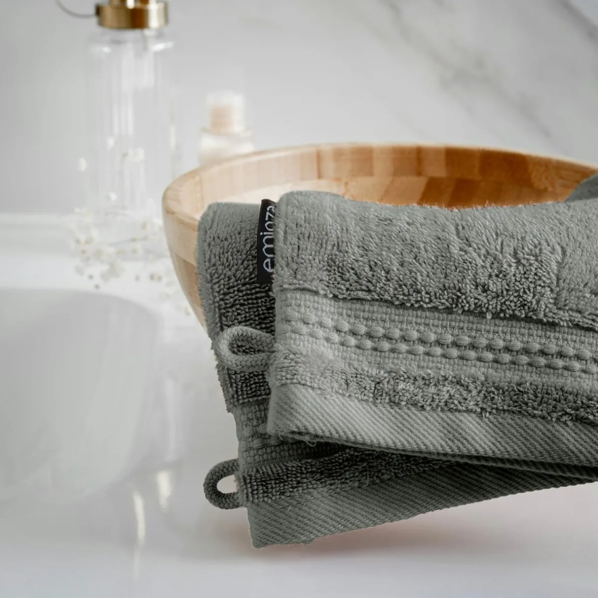 EMINZA Lot de 2 gants de toilette coton bio (15 x 21 cm) Méline Vert romarin Sale