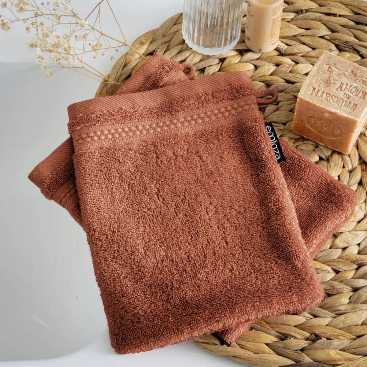 EMINZA Lot de 2 gants de toilette coton bio (15 x 21 cm) Méline Terracotta New