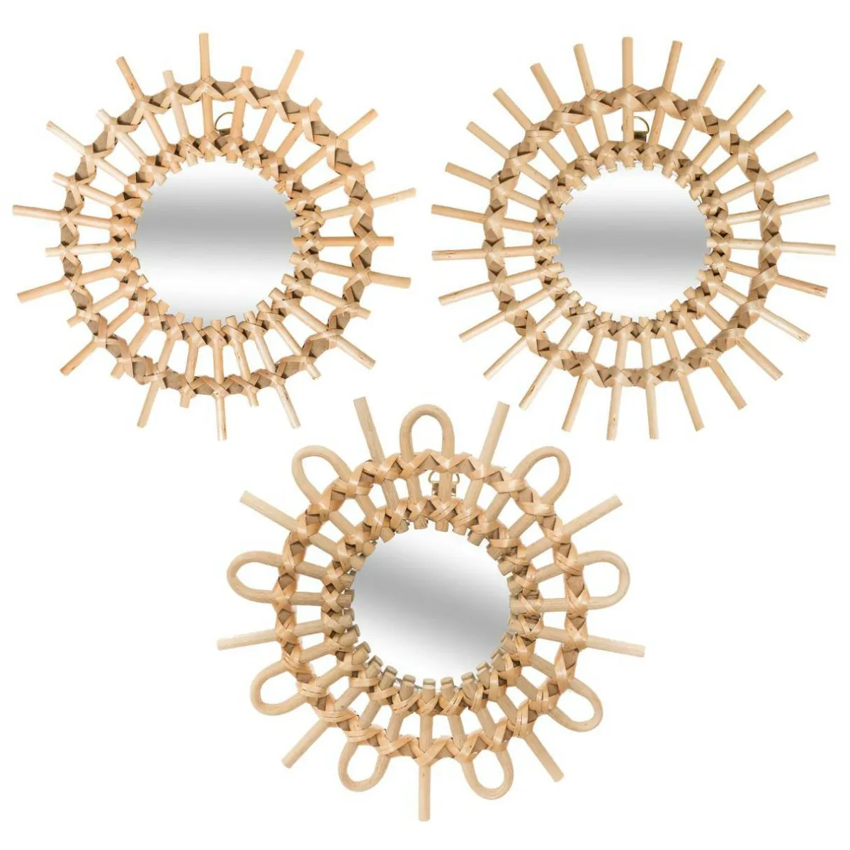 ATMOSPHERA Lot de 3 miroirs (D28 cm) Soleil Rotin Naturel New