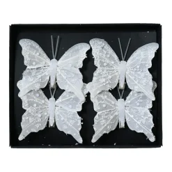 KAEMINGK Lot de 4 Papillons sur pince (H8 cm) Éclats et perles d'hiver Blanc Outlet