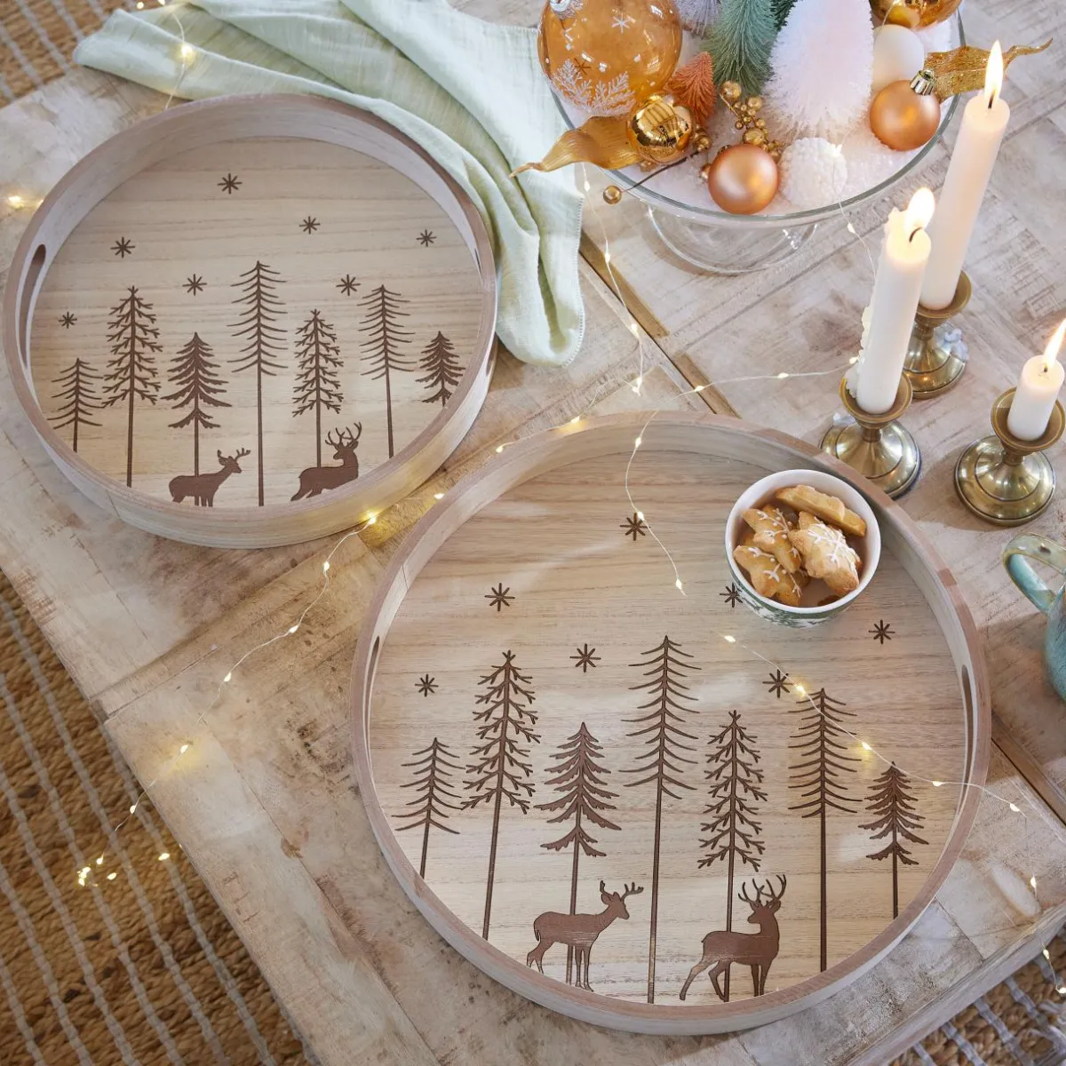 KAEMINGK Lot de 2 plateaux ronds en (D34-D29 cm) Sapins de Noël Bois