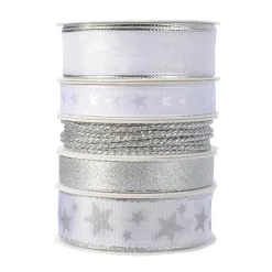 KAEMINGK Lot de 5 rubans de Noël 3 m - Satin et étoiles Argent Sale
