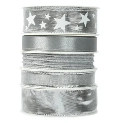 KAEMINGK Lot de 5 rubans de Noël 3 m - Satin et étoiles Argent métalisé Gris