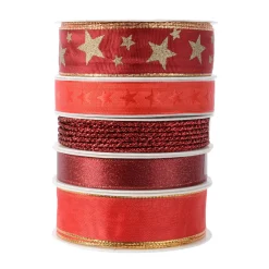 KAEMINGK Lot de 5 rubans de Noël 3 m - Satin et étoiles Rouge Clearance