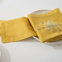 ATMOSPHERA Lot de 4 serviettes coton (40 x 40 cm) Chambray Ocre Jaune ocre Discount