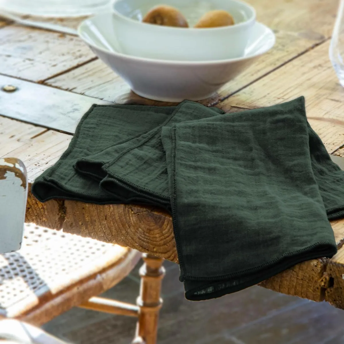EMINZA Lot de 3 serviettes de table gaze de coton (40 x 40 cm) Gaïa Vert sapin Clearance