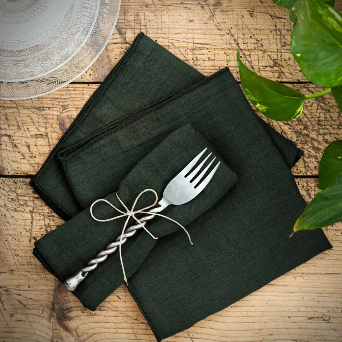 EMINZA Lot de 3 serviettes de table gaze de coton (40 x 40 cm) Gaïa Vert sapin Clearance