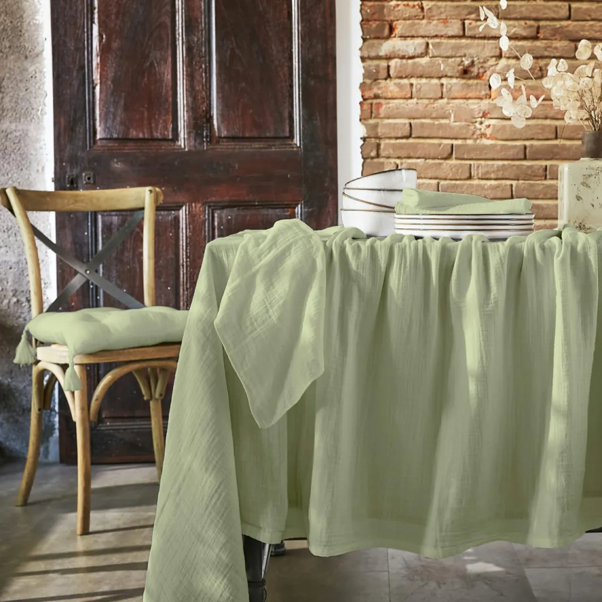 EMINZA Lot de 3 serviettes gaze de coton (40 x 40 cm) Gaïa Vert tilleul Online