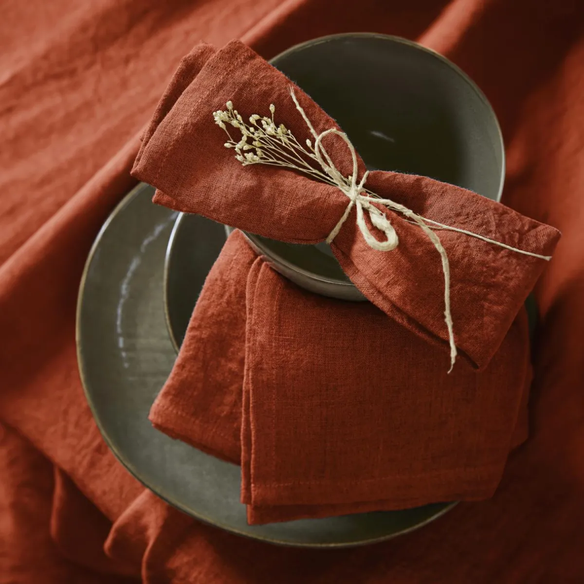 EMINZA Lot de 3 serviettes lin lavé (40 x 40 cm) Louise Terracotta Outlet