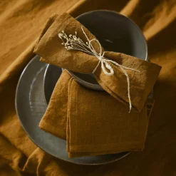 EMINZA Lot de 3 serviettes lin lavé (40 x 40 cm) Louise Caramel Sale