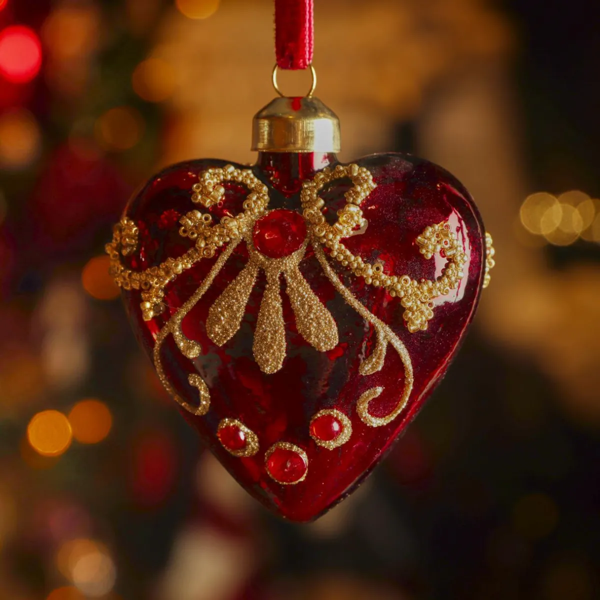 KAEMINGK Lot de 2 suspensions de Noël en verre (H8 cm) Coeurs précieux pailleté or Bordeaux New
