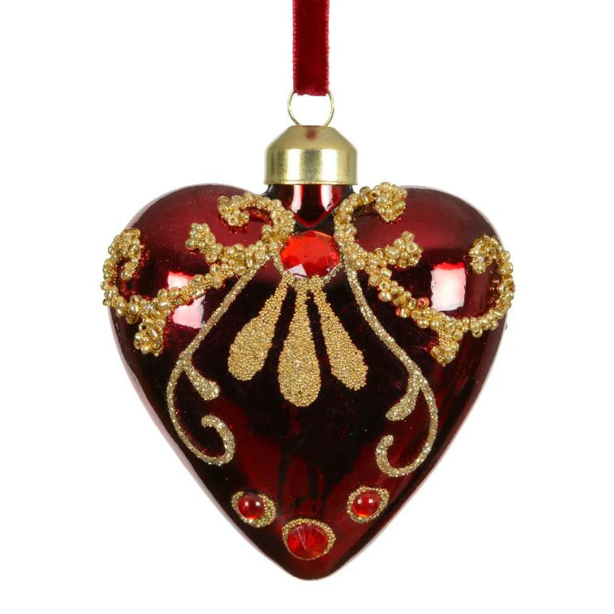 KAEMINGK Lot de 2 suspensions de Noël en verre (H8 cm) Coeurs précieux pailleté or Bordeaux New