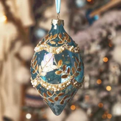 KAEMINGK Lot de 2 suspensions de Noël en verre (H14 cm) Feuillages d'hiver Bleu New