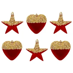 JJA Lot de 6 suspensions (H15 cm) Cœurs et étoiles paillettes Rouge et Or Discount