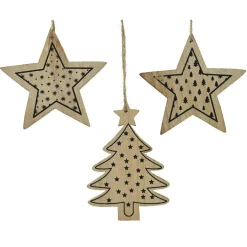 KAEMINGK Lot de 3 étoiles et sapins à suspendre (H12 cm) Bois Naturel Sale