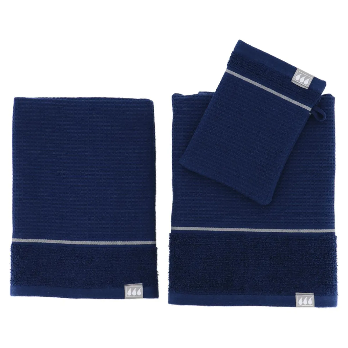 TENDANCE Lot de serviettes de bain 50x90 cm + 70x130 cm + 1 gant de toilette Japandi et argent Bleu marine Outlet